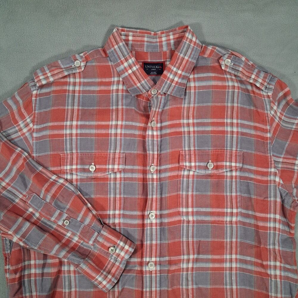 UNTUCKit Mens Size Large Red Blue Plaid Linen Button Up Shirt Epaulets